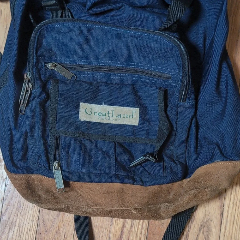 GreatLand Backpack Navy Blue Brown Suede Drawstring Buckle Zip Pockets